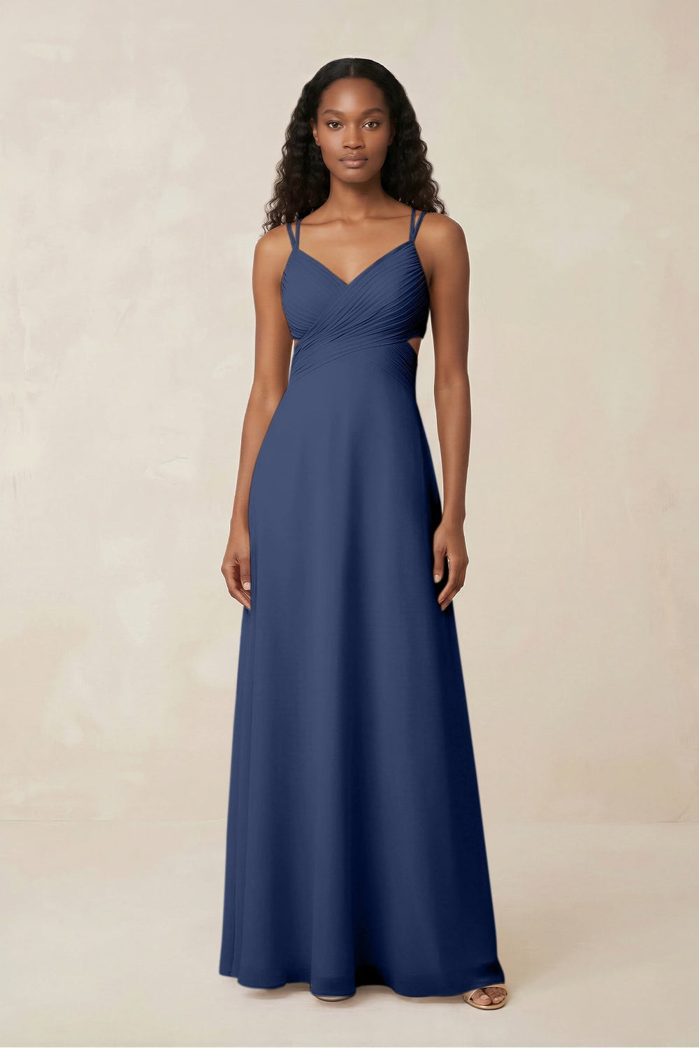 V - Neck Chiffon A - Line Cut - Out Bridesmaid Dress in Navy - KISS BRIDAL Bridesmaid Dresses