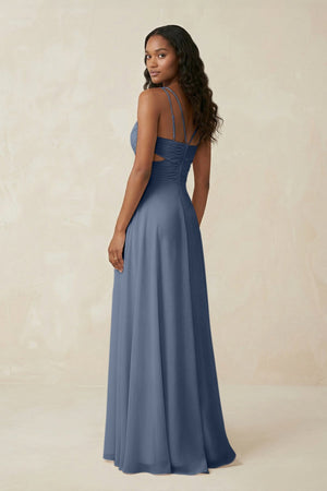 V - Neck Chiffon A - Line Cut - Out Bridesmaid Dress in Neptune - SHE IS ME Bridesmaid Dresses