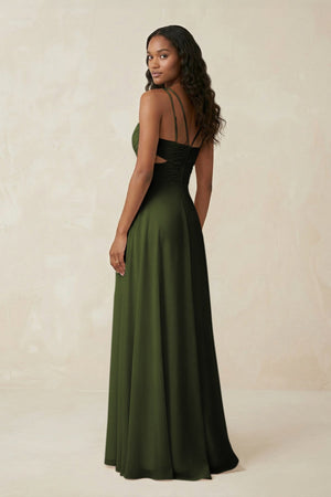 V - Neck Chiffon A - Line Cut - Out Bridesmaid Dress in Olive - SHE IS ME Bridesmaid Dresses