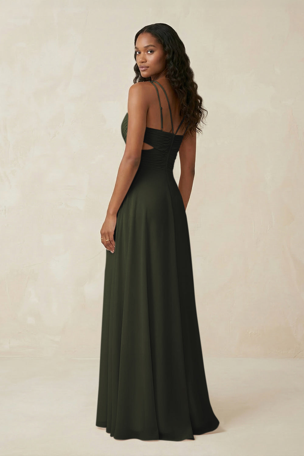 V-Neck Chiffon A-Line Cut-Out Bridesmaid Dress in Olive
