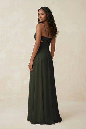 V-Neck Chiffon A-Line Cut-Out Bridesmaid Dress in Olive (2) | KISSBRIDAL