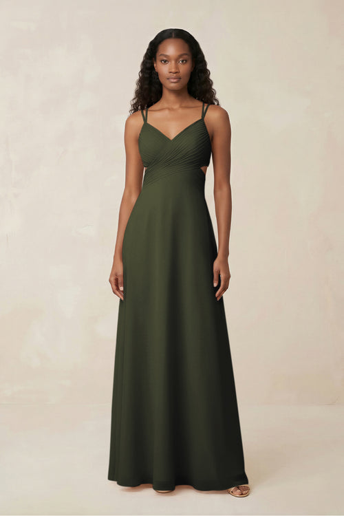 V-Neck Chiffon A-Line Cut-Out Bridesmaid Dress in Olive | KISSBRIDAL
