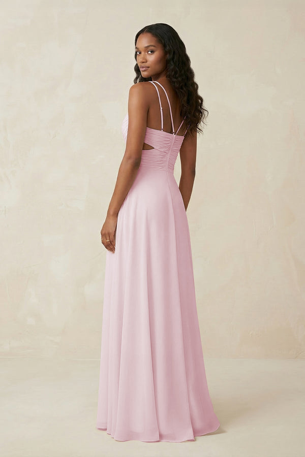 V - Neck Chiffon A - Line Cut - Out Bridesmaid Dress in Pale Blush - SHE IS ME Bridesmaid Dresses