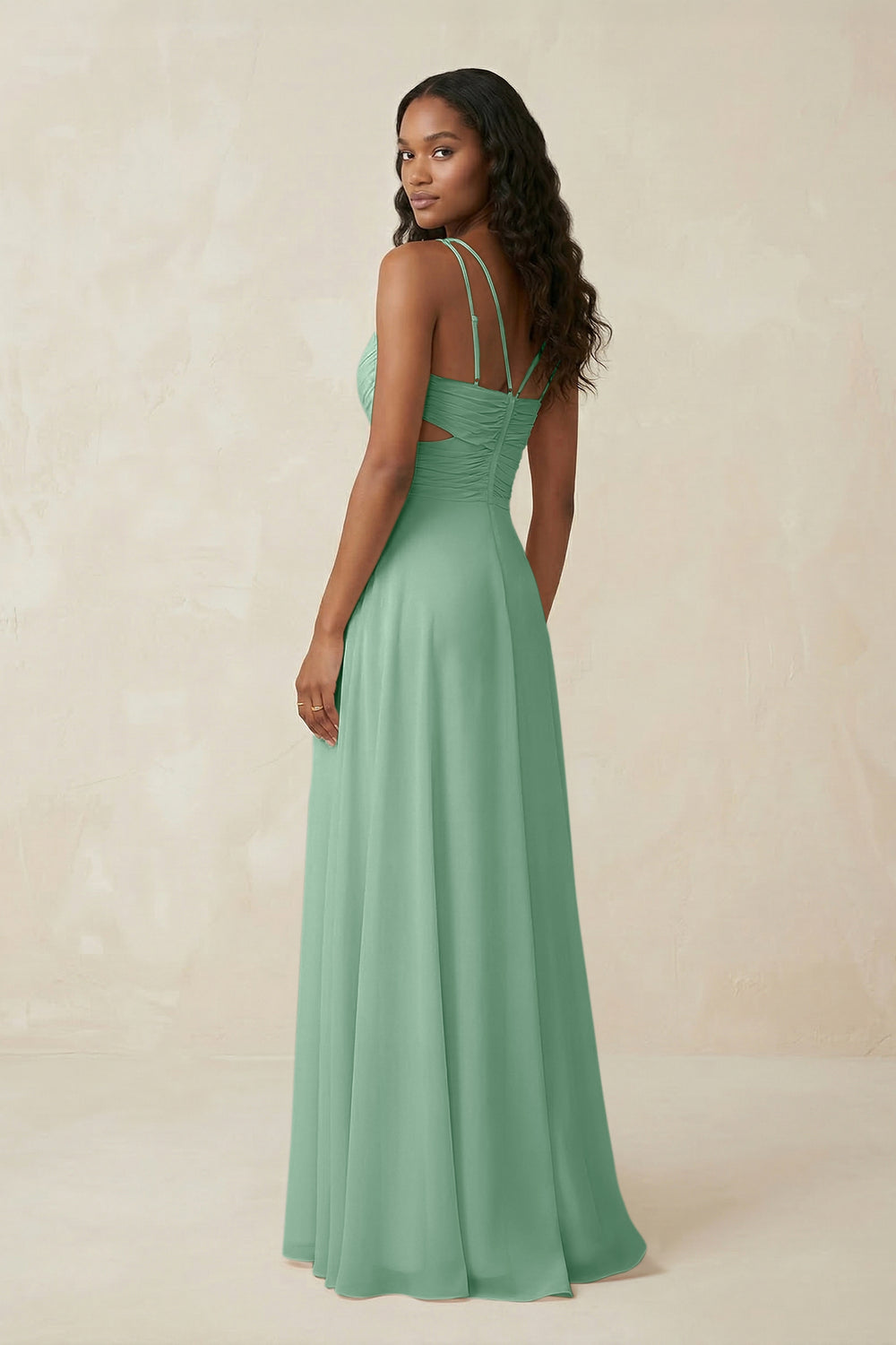 V-Neck Chiffon A-Line Cut-Out Bridesmaid Dress in Pale Pistachio