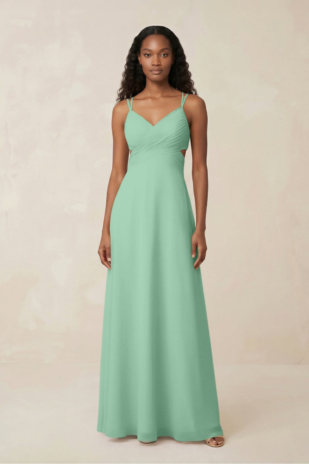 V - Neck Chiffon A - Line Cut - Out Bridesmaid Dress in Pale Pistachio - KISS BRIDAL Bridesmaid Dresses