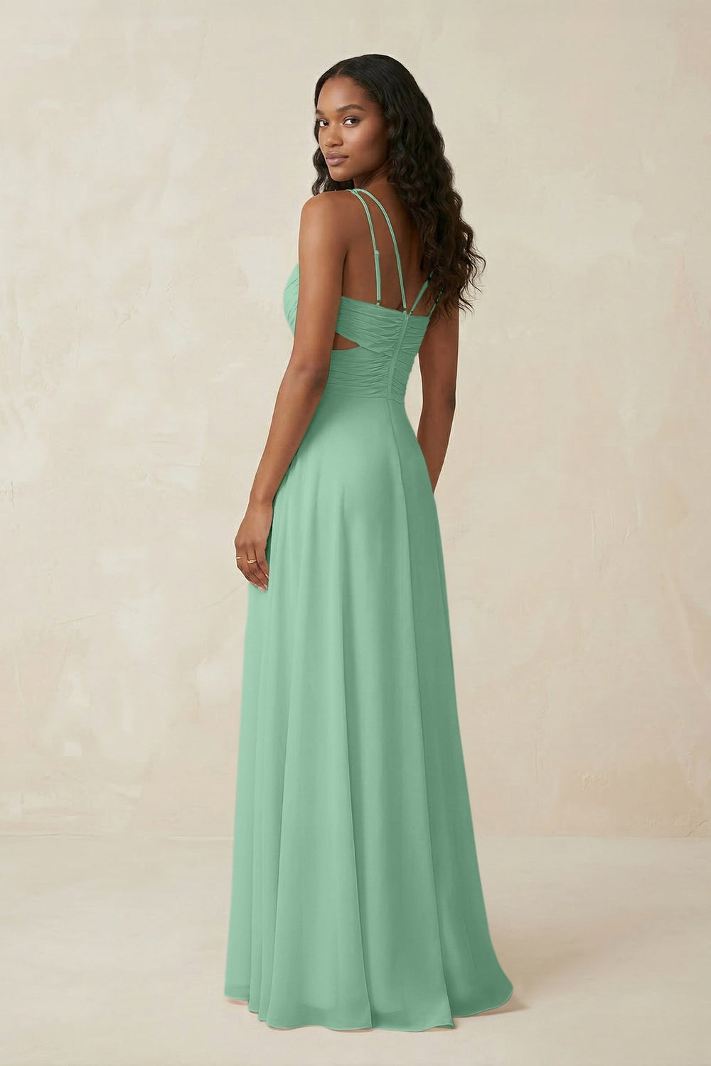 V - Neck Chiffon A - Line Cut - Out Bridesmaid Dress in Pale Pistachio - KISS BRIDAL Bridesmaid Dresses