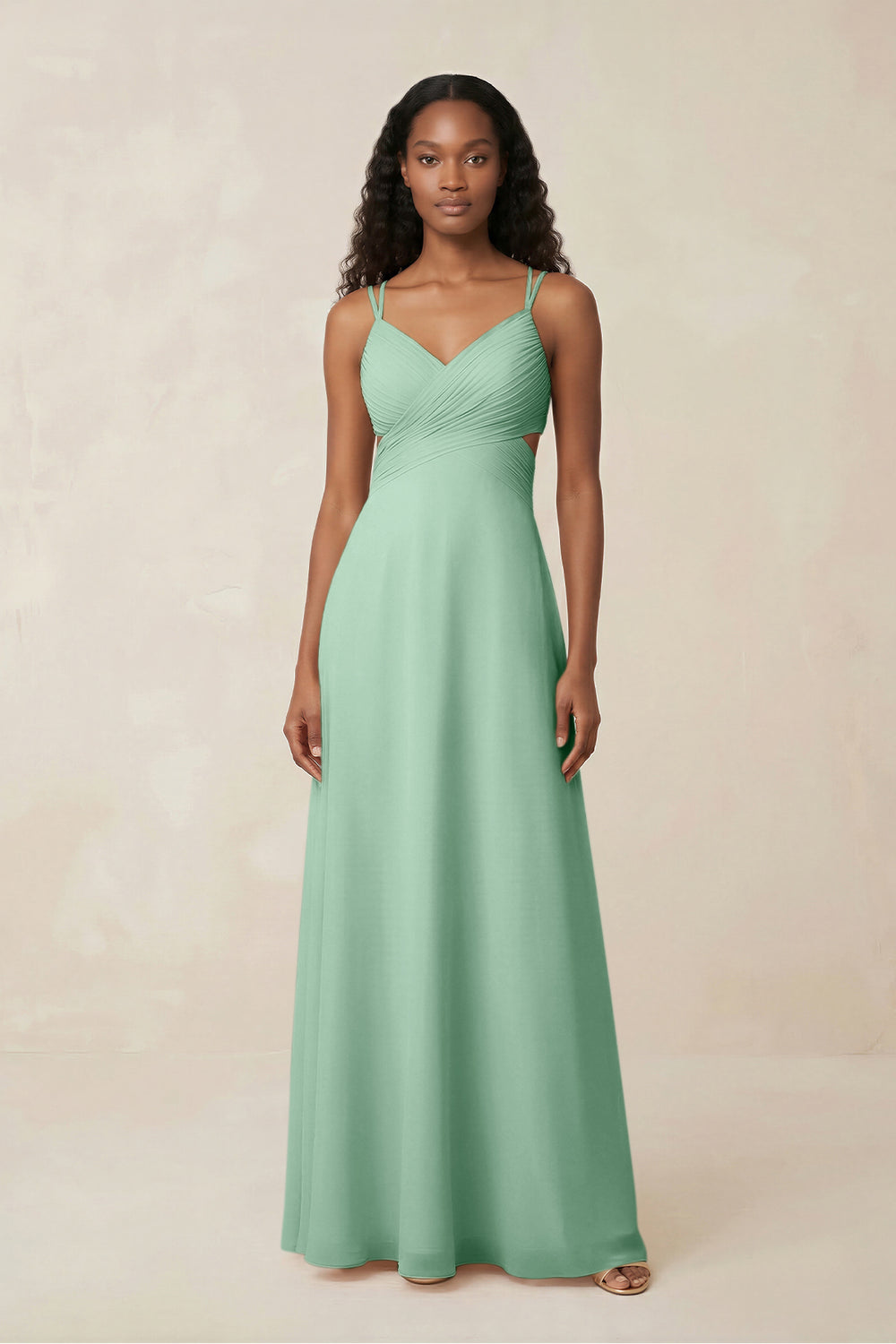 V-Neck Chiffon A-Line Cut-Out Bridesmaid Dress in Pale Pistachio