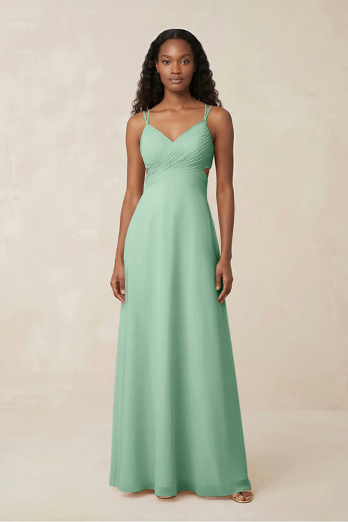 V-Neck Chiffon A-Line Cut-Out Bridesmaid Dress in Pale Pistachio | KISSBRIDAL