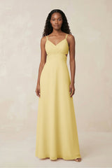 V - Neck Chiffon A - Line Cut - Out Bridesmaid Dress in Pastel Yellow - KISS BRIDAL Bridesmaid Dresses