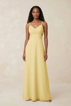 V - Neck Chiffon A - Line Cut - Out Bridesmaid Dress in Pastel Yellow - SHE IS ME Bridesmaid Dresses