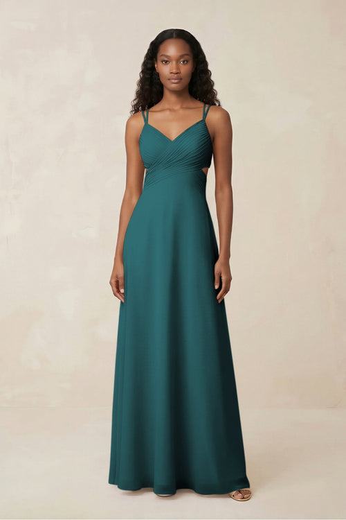 V - Neck Chiffon A - Line Cut - Out Bridesmaid Dress in Pine - SHE IS ME Bridesmaid Dresses
