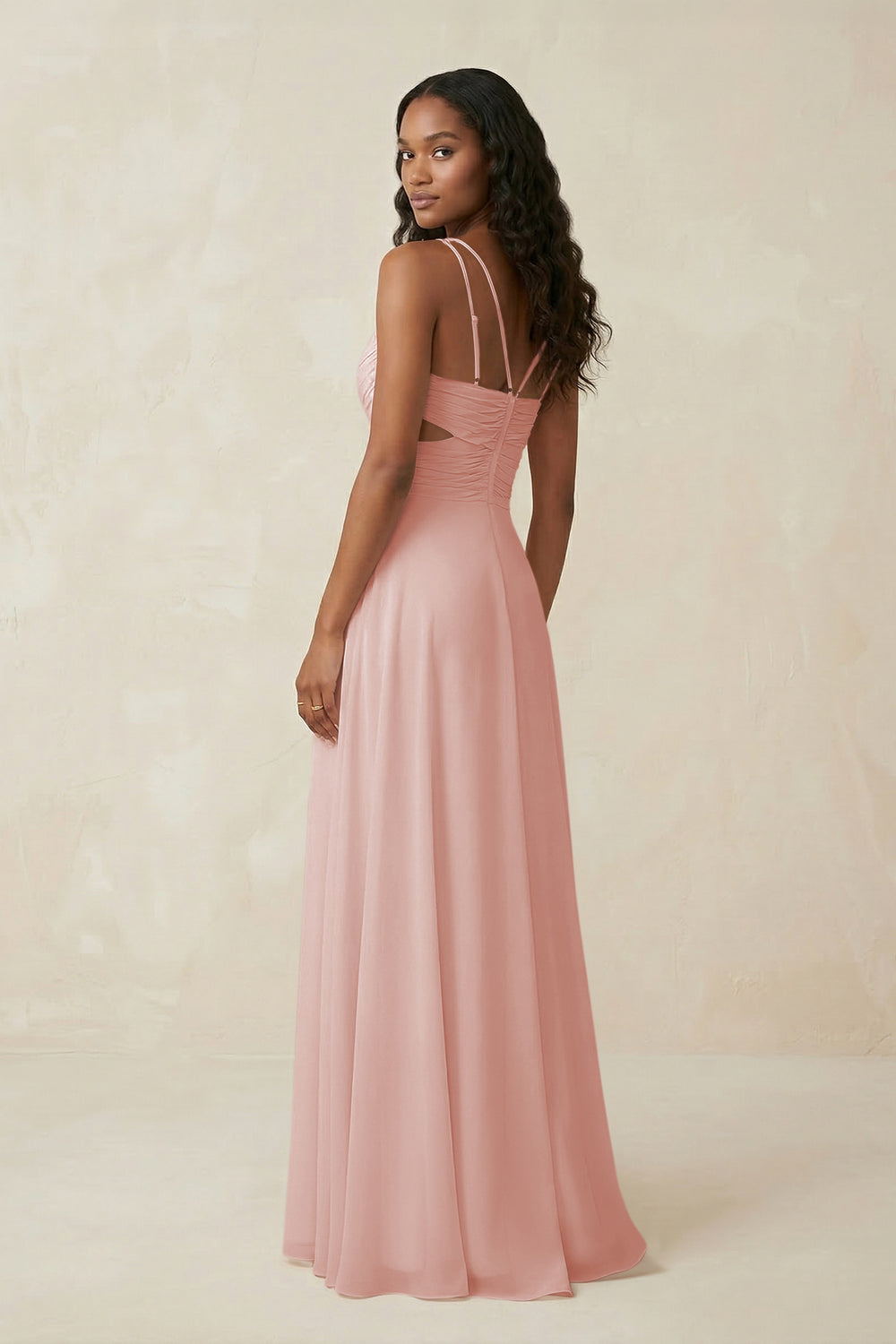 V-Neck Chiffon A-Line Cut-Out Bridesmaid Dress in Rose Petal