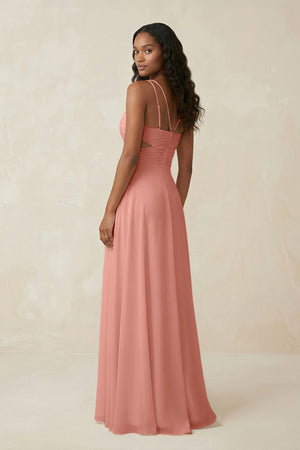 V-Neck Chiffon A-Line Cut-Out Bridesmaid Dress in Rosette (2) | KISSBRIDAL