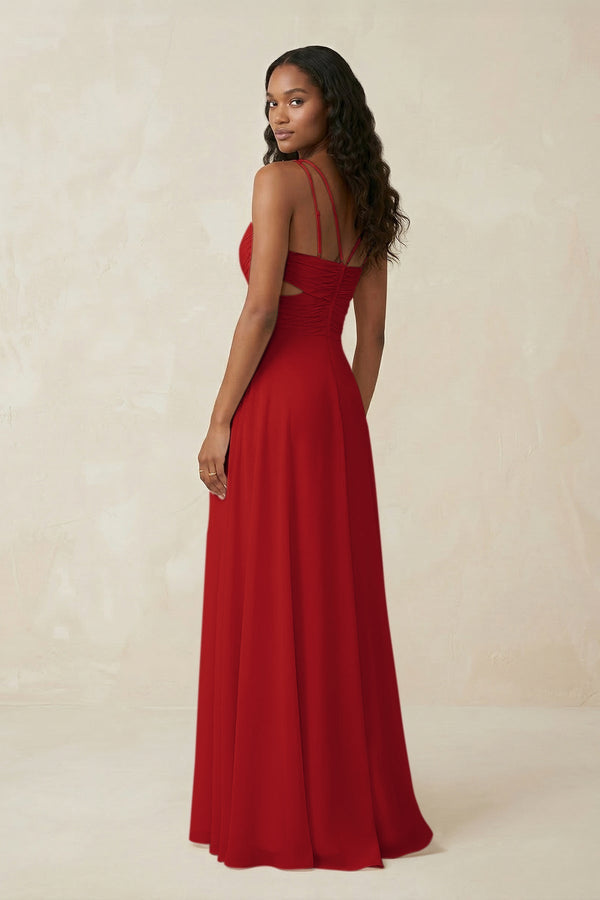 V - Neck Chiffon A - Line Cut - Out Bridesmaid Dress in Ruby Red - SHE IS ME Bridesmaid Dresses
