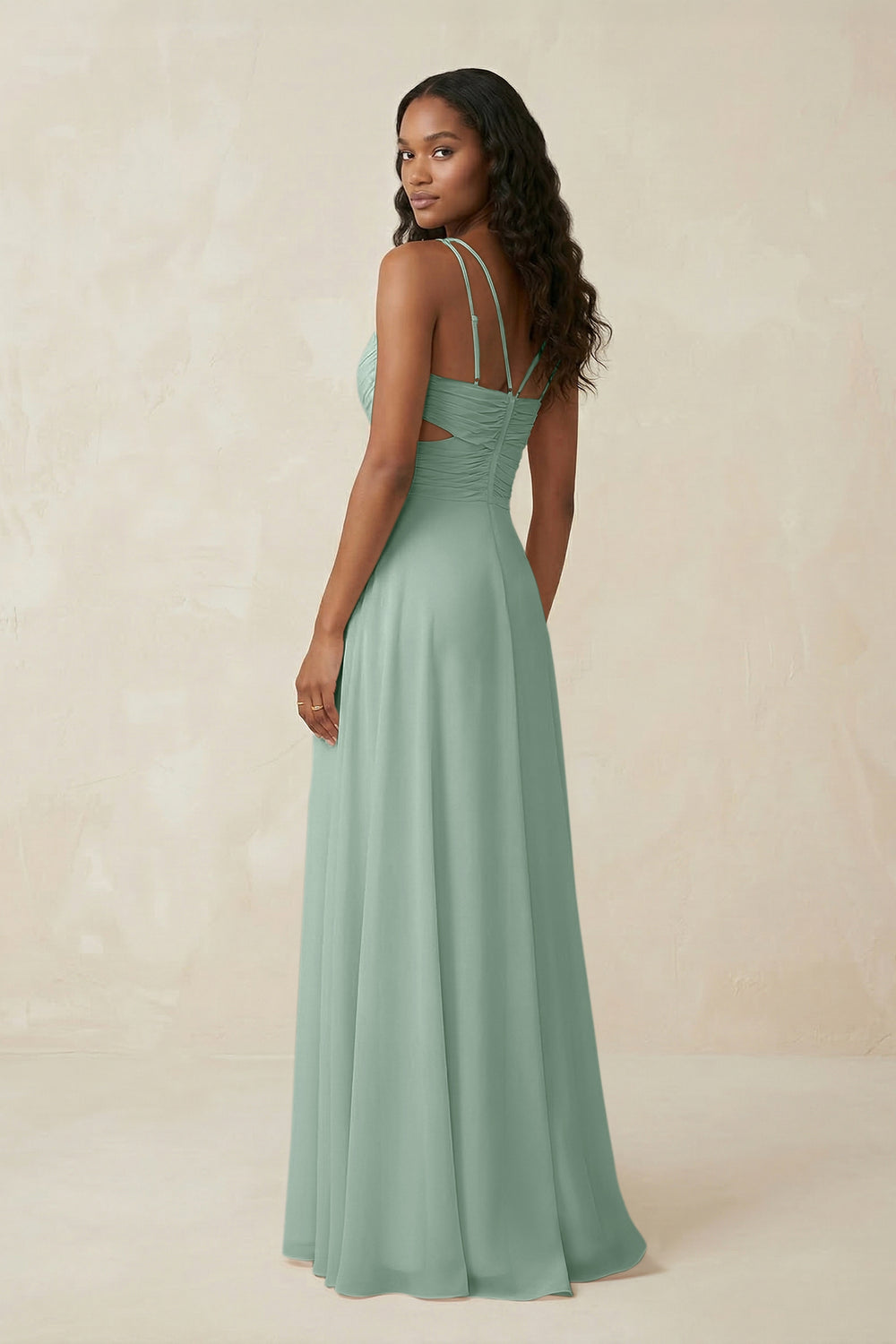 V-Neck Chiffon A-Line Cut-Out Bridesmaid Dress in Sage