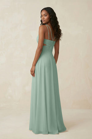 V-Neck Chiffon A-Line Cut-Out Bridesmaid Dress in Sage (2) | KISSBRIDAL
