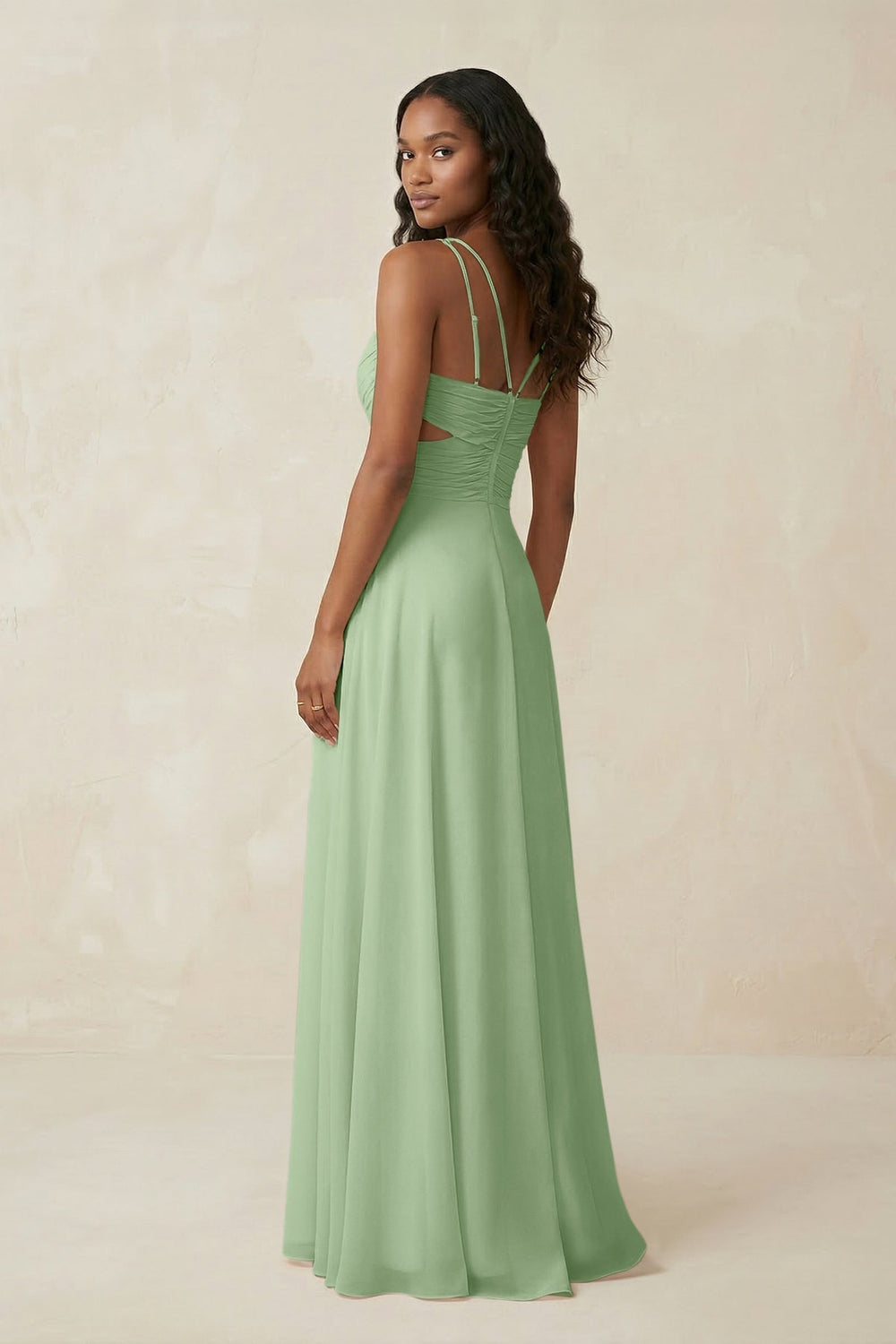 V - Neck Chiffon A - Line Cut - Out Bridesmaid Dress in Sage - KISS BRIDAL Bridesmaid Dresses