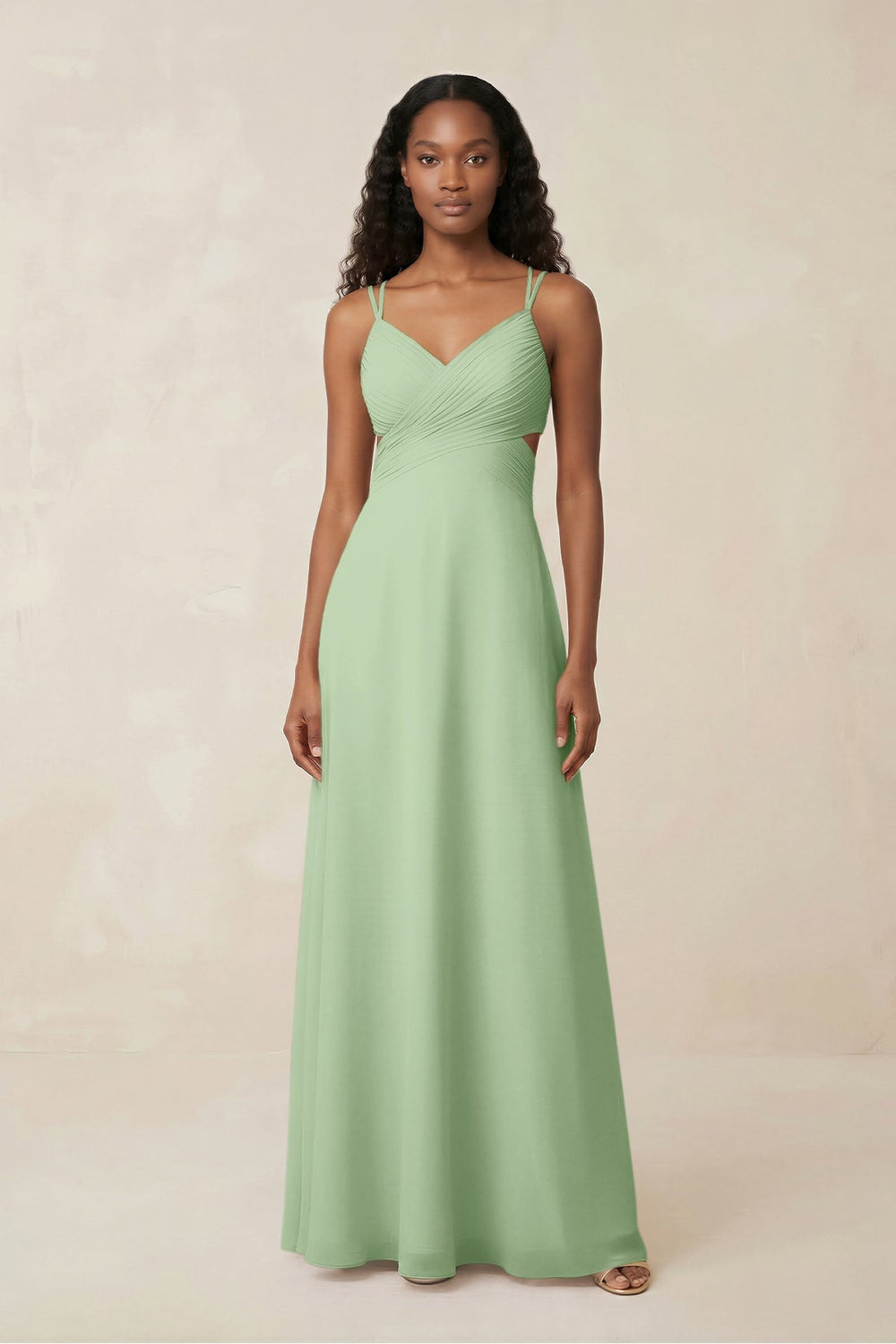 V - Neck Chiffon A - Line Cut - Out Bridesmaid Dress in Sage - KISS BRIDAL Bridesmaid Dresses