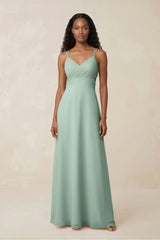 V-Neck Chiffon A-Line Cut-Out Bridesmaid Dress in Sage | KISSBRIDAL