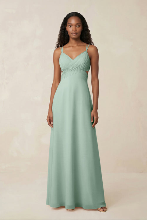 V-Neck Chiffon A-Line Cut-Out Bridesmaid Dress in Sage | KISSBRIDAL