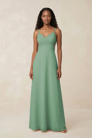 V - Neck Chiffon A - Line Cut - Out Bridesmaid Dress in Sea Glass - SHE IS ME Bridesmaid Dresses