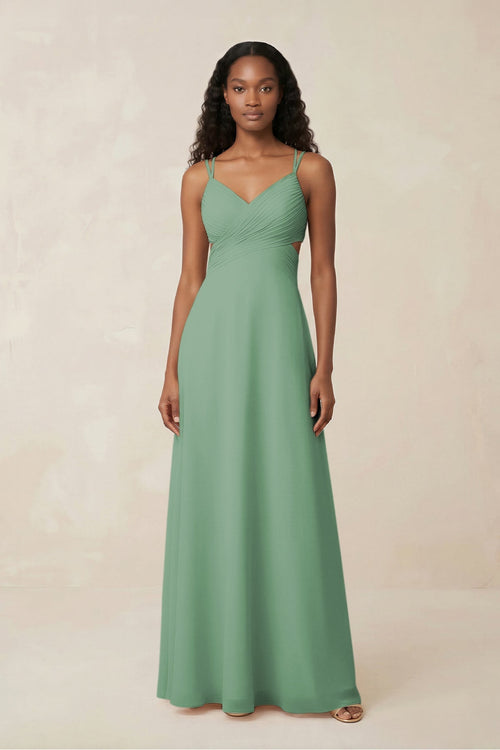 V - Neck Chiffon A - Line Cut - Out Bridesmaid Dress in Sea Glass - SHE IS ME Bridesmaid Dresses