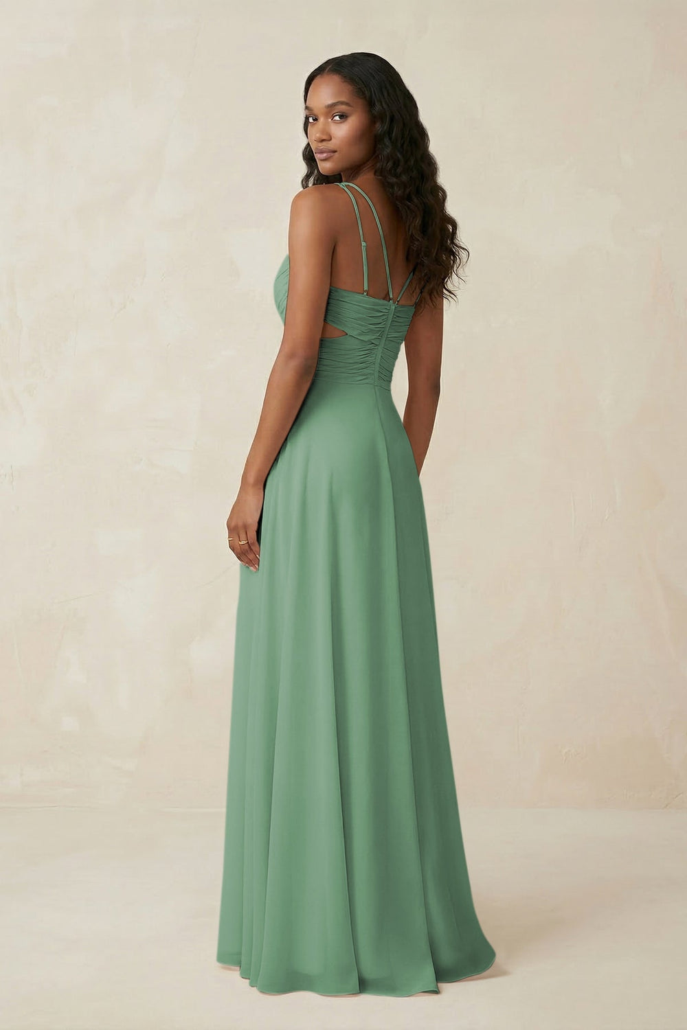 V - Neck Chiffon A - Line Cut - Out Bridesmaid Dress in Sea Glass - KISS BRIDAL Bridesmaid Dresses