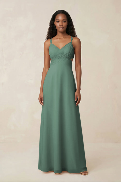 V-Neck Chiffon A-Line Cut-Out Bridesmaid Dress in Sea Glass | KISSBRIDAL