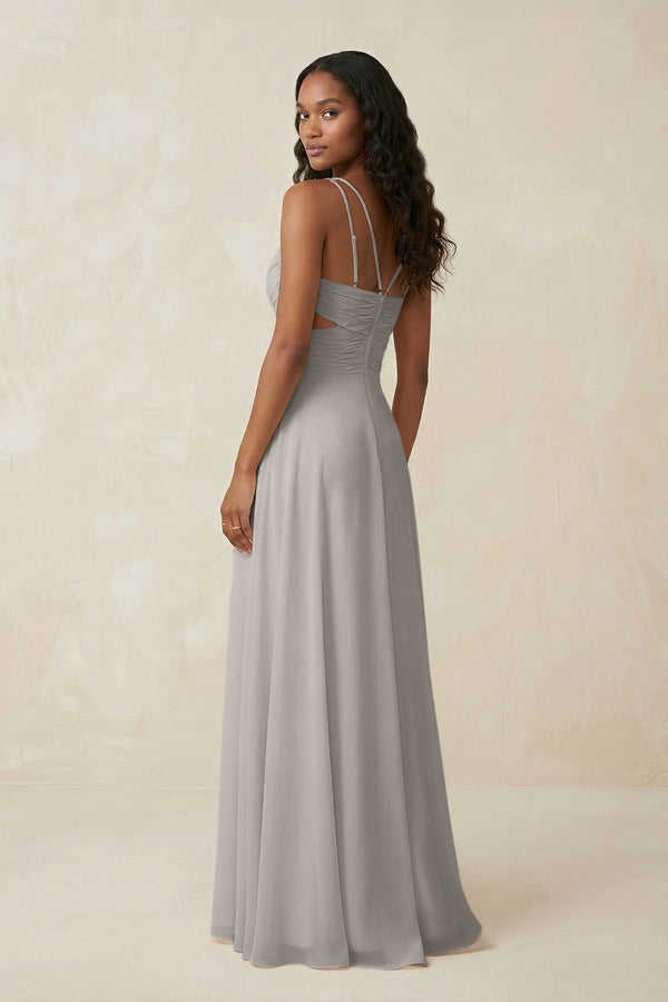 V - Neck Chiffon A - Line Cut - Out Bridesmaid Dress in Silver - SHE IS ME Bridesmaid Dresses
