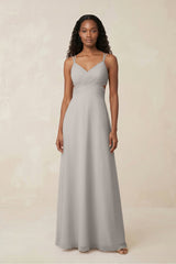 V - Neck Chiffon A - Line Cut - Out Bridesmaid Dress in Silver - KISS BRIDAL Bridesmaid Dresses