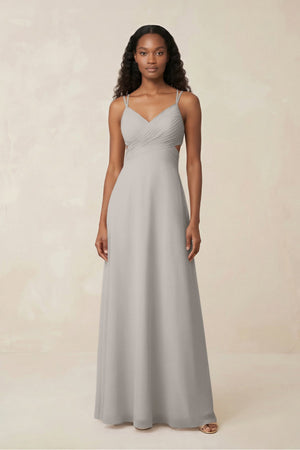 V - Neck Chiffon A - Line Cut - Out Bridesmaid Dress in Silver - SHE IS ME Bridesmaid Dresses
