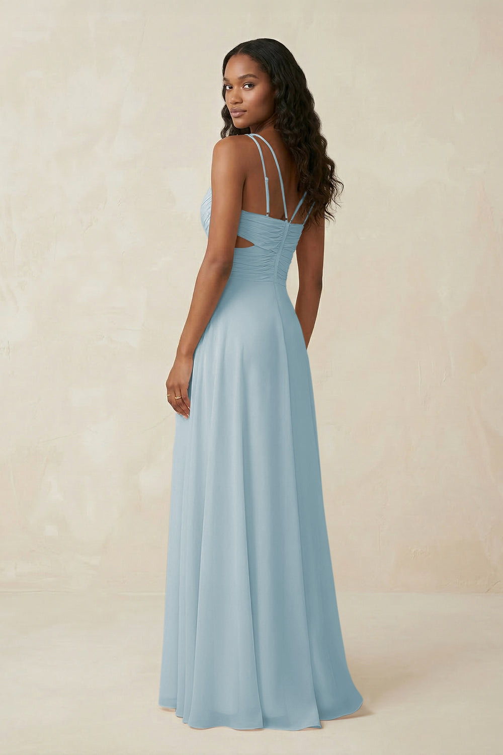 V-Neck Chiffon A-Line Cut-Out Bridesmaid Dress in Sky Blue