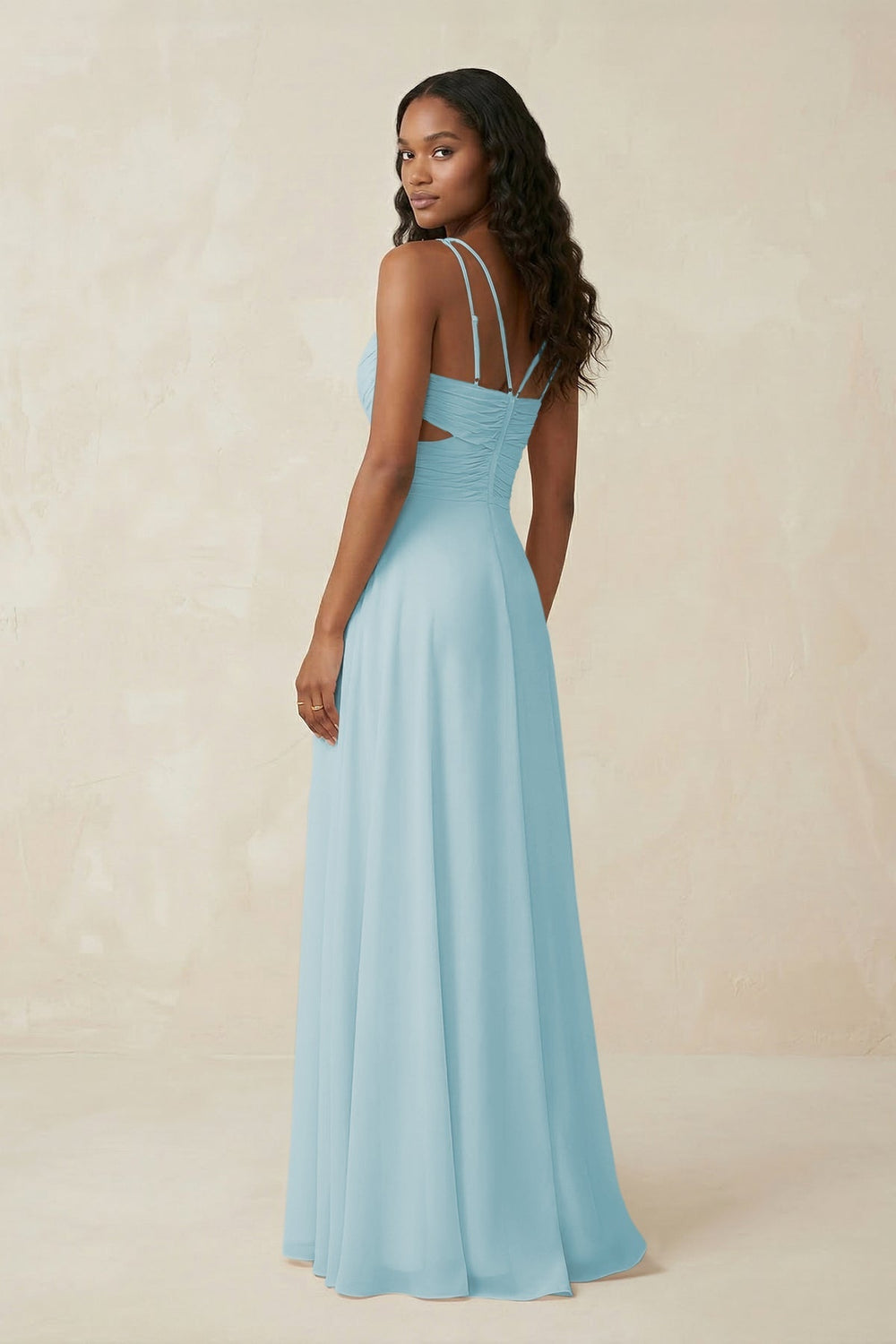 V - Neck Chiffon A - Line Cut - Out Bridesmaid Dress in Sky Blue - KISS BRIDAL Bridesmaid Dresses