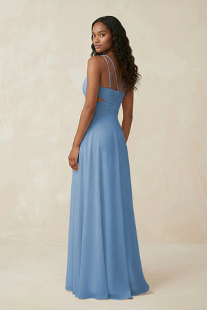 V-Neck Chiffon A-Line Cut-Out Bridesmaid Dress in Steel Blue (2) | KISSBRIDAL
