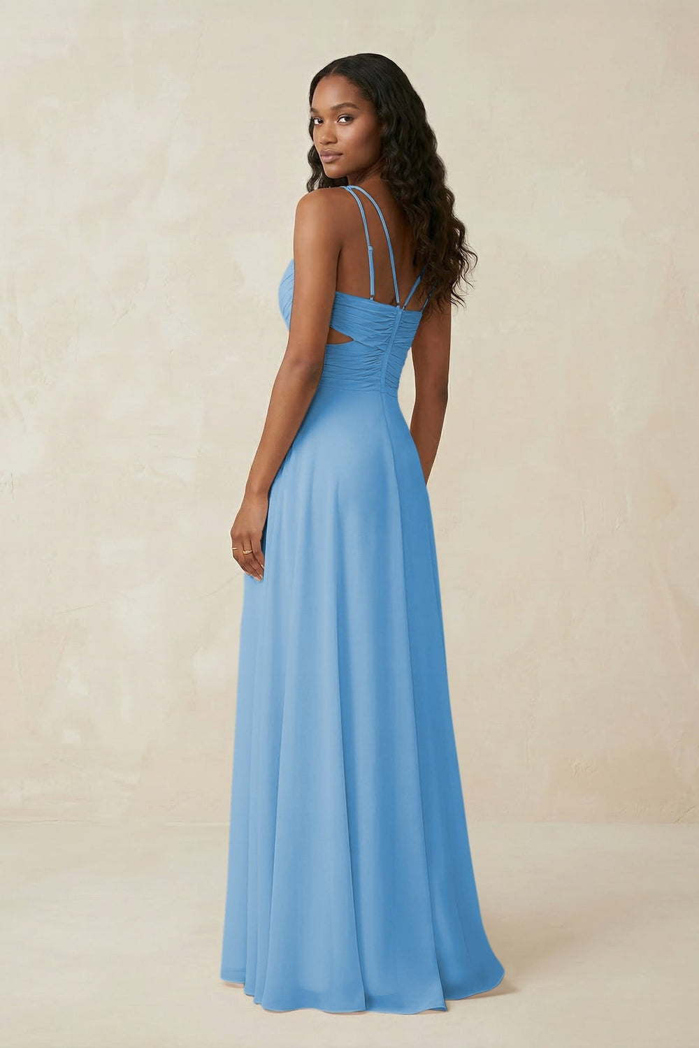 V - Neck Chiffon A - Line Cut - Out Bridesmaid Dress in Steel Blue - KISS BRIDAL Bridesmaid Dresses