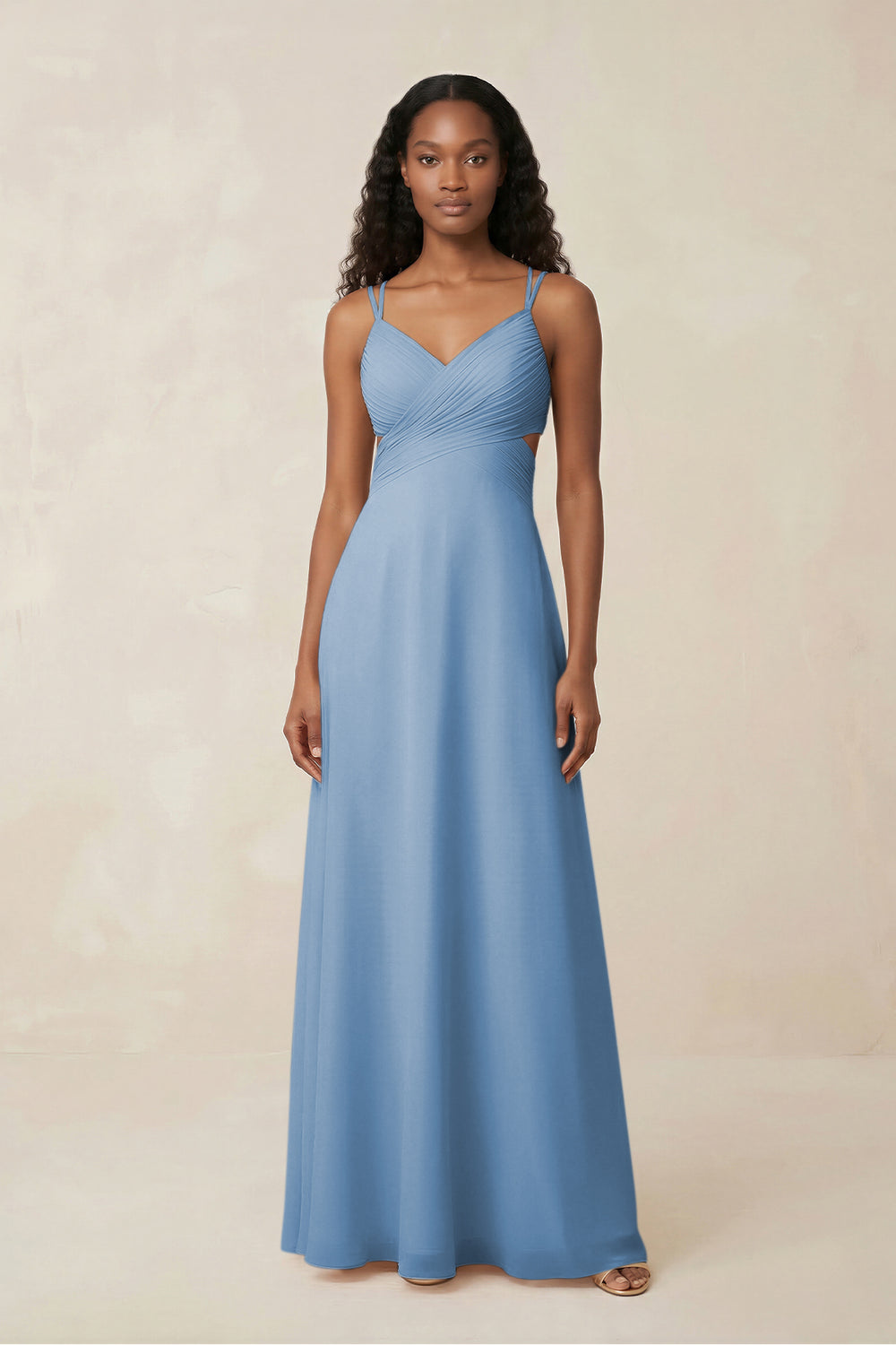 V-Neck Chiffon A-Line Cut-Out Bridesmaid Dress in Steel Blue