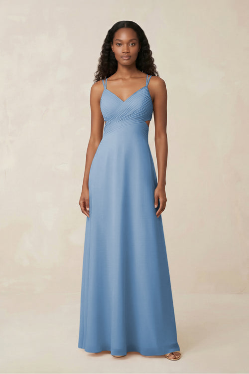 V-Neck Chiffon A-Line Cut-Out Bridesmaid Dress in Steel Blue | KISSBRIDAL