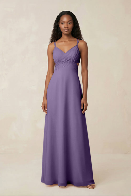 V-Neck Chiffon A-Line Cut-Out Bridesmaid Dress in Tahiti | KISSBRIDAL