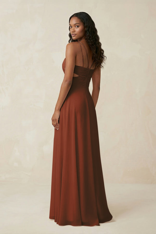 V-Neck Chiffon A-Line Cut-Out Bridesmaid Dress in Terracotta (2) | KISSBRIDAL