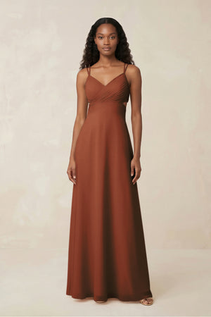 V-Neck Chiffon A-Line Cut-Out Bridesmaid Dress in Terracotta | KISSBRIDAL