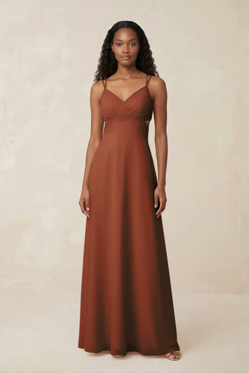 V-Neck Chiffon A-Line Cut-Out Bridesmaid Dress in Terracotta | KISSBRIDAL