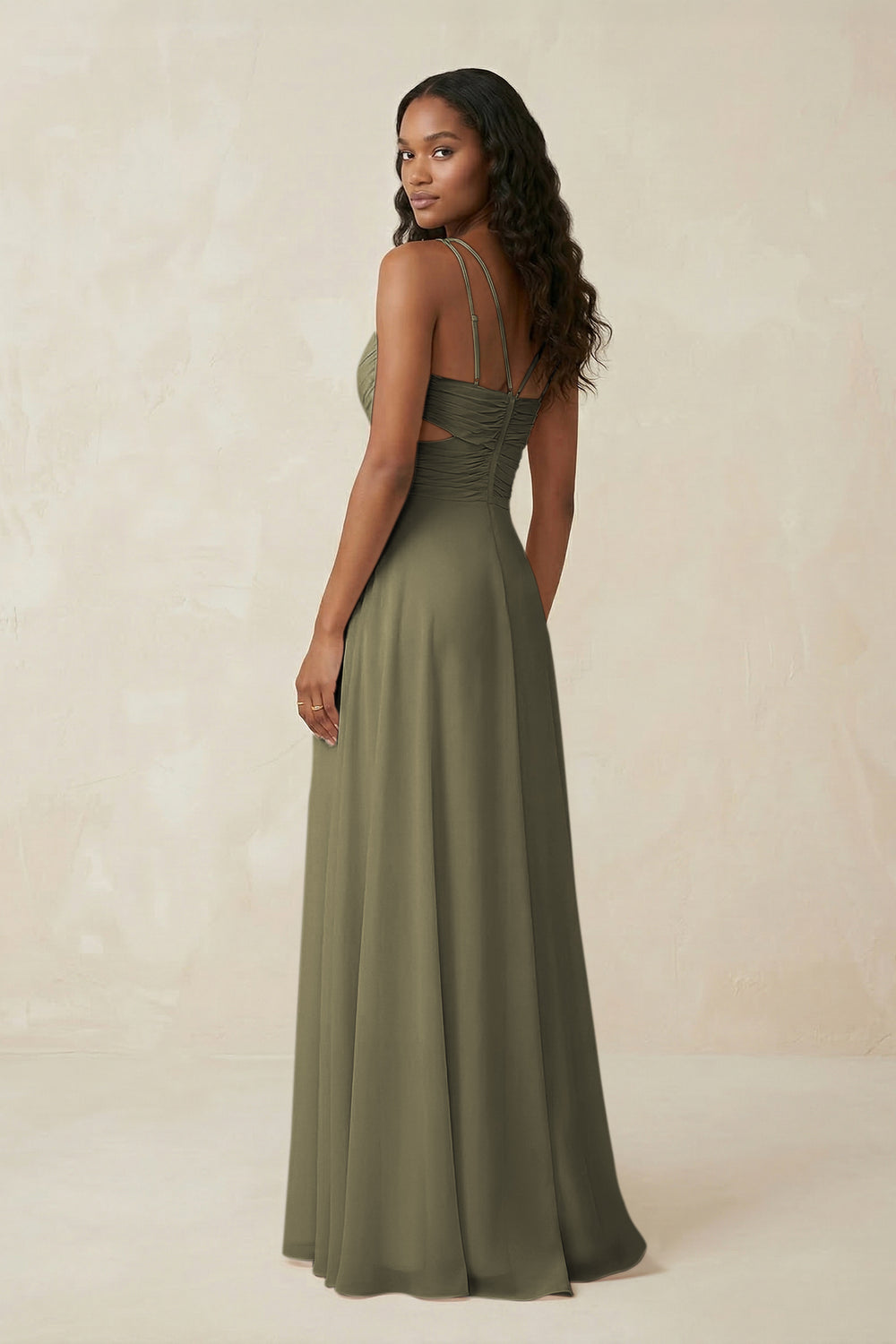 V-Neck Chiffon A-Line Cut-Out Bridesmaid Dress in Thyme
