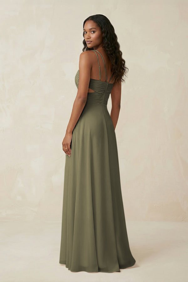 V-Neck Chiffon A-Line Cut-Out Bridesmaid Dress in Thyme (2) | KISSBRIDAL