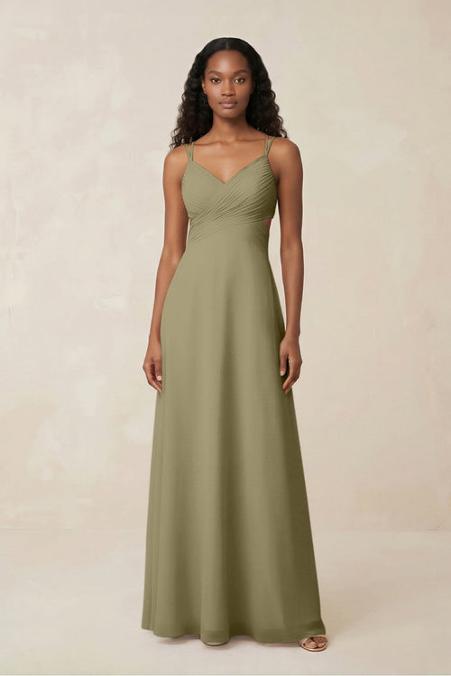 V - Neck Chiffon A - Line Cut - Out Bridesmaid Dress in Thyme - SHE IS ME Bridesmaid Dresses