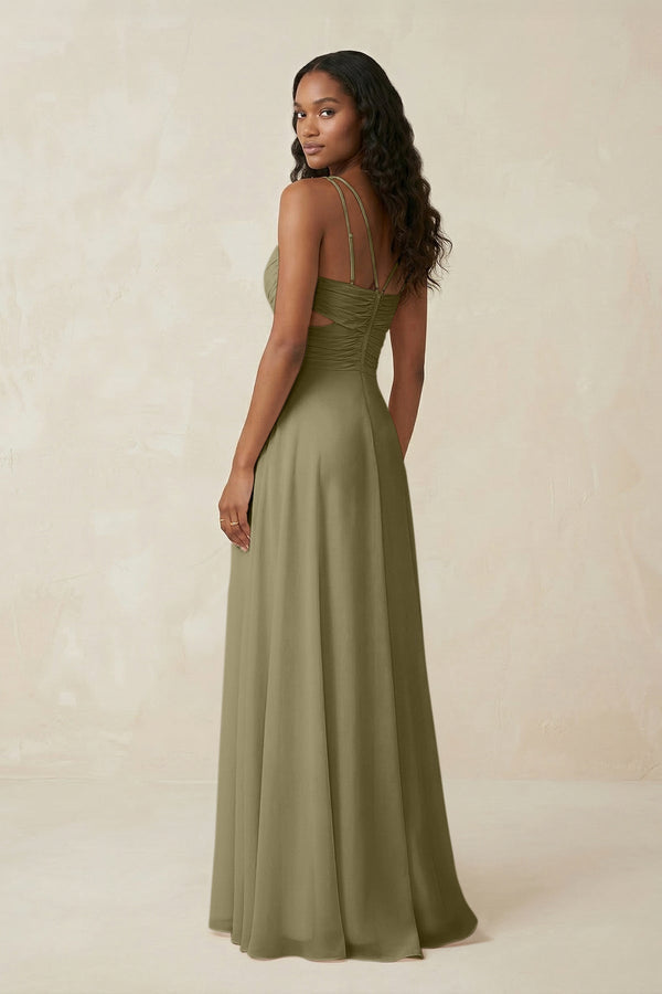 V - Neck Chiffon A - Line Cut - Out Bridesmaid Dress in Thyme - SHE IS ME Bridesmaid Dresses