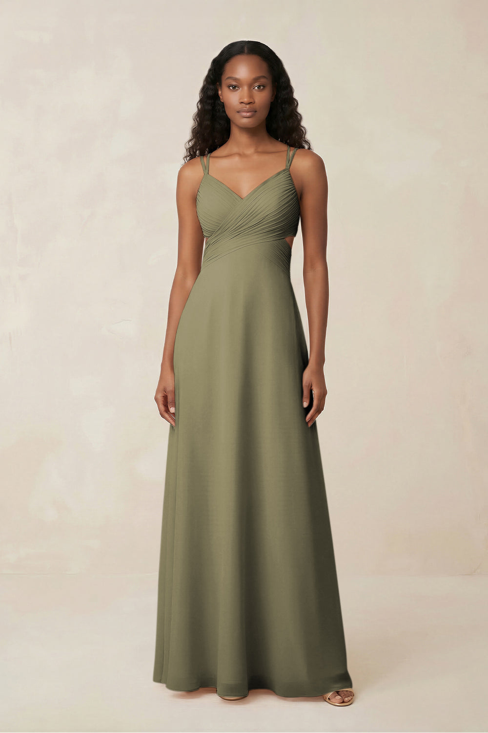 V-Neck Chiffon A-Line Cut-Out Bridesmaid Dress in Thyme
