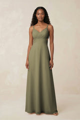 V-Neck Chiffon A-Line Cut-Out Bridesmaid Dress in Thyme | KISSBRIDAL