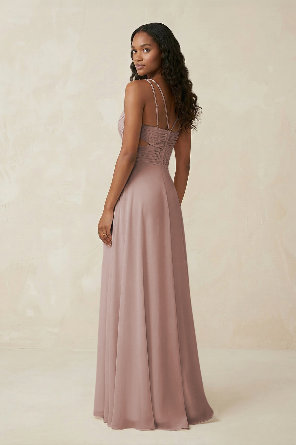 V-Neck Chiffon A-Line Cut-Out Bridesmaid Dress in Toffee