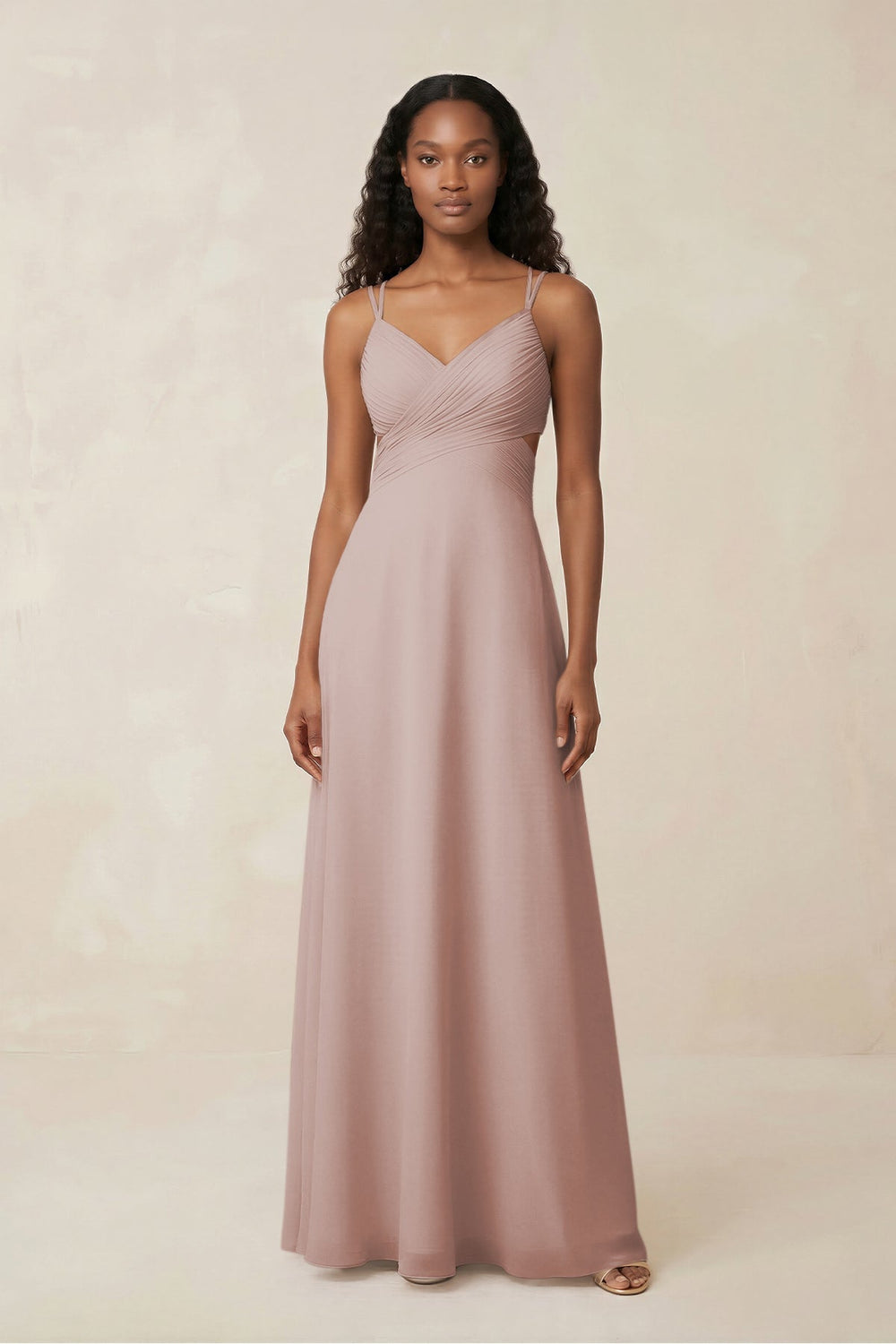 V - Neck Chiffon A - Line Cut - Out Bridesmaid Dress in Toffee - KISS BRIDAL Bridesmaid Dresses