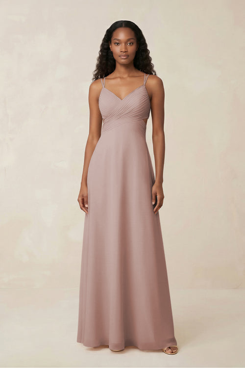 V-Neck Chiffon A-Line Cut-Out Bridesmaid Dress in Toffee | KISSBRIDAL